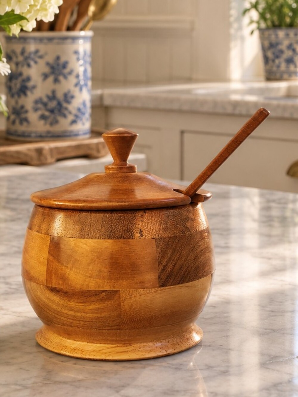 Vintage Hand-Carved Multi-Wood Patchwork Sugar Bowl & Honey Pot with Lid & Spoon